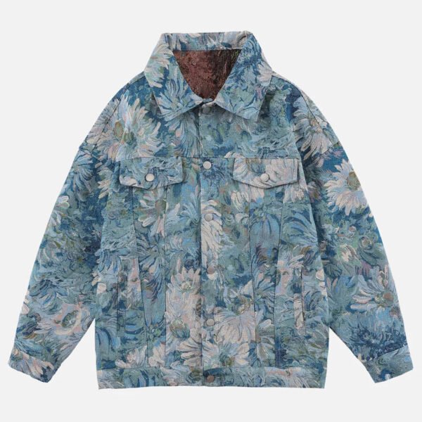 Oil Painting Jacquard Flower Denim Jacket -1286